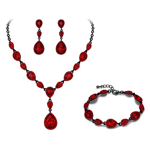 EleQueen Women's Wedding Bridal Jewelry Sets for Brides Bridesmaids, Cubic Zirconia Teardrop Necklace Tennis Bracelet Dangle Earrings Jewellery Set - color: 01-Ruby Color Black-Tone