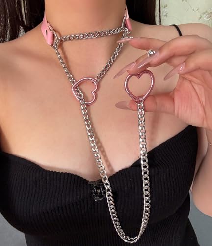 Slip Chain Necklace with Leather Choker Stainless Steel Cuban Link Long Lariat Necklace Punk Rock Heart Chain Necklace Handmade Collar for Women - color: Pink&Silver