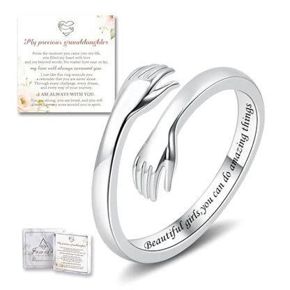 Sterling Silver Hug Ring for Women Teen Girls Adjustable Love Promise Ring Inspirational Open Rings Mothers Day Birthday Gift for Daughter Granddaughter Mom Wife Best Friend - color: Silver / Granddaughter Gift(Beautiful g***s,you can do amazing things)