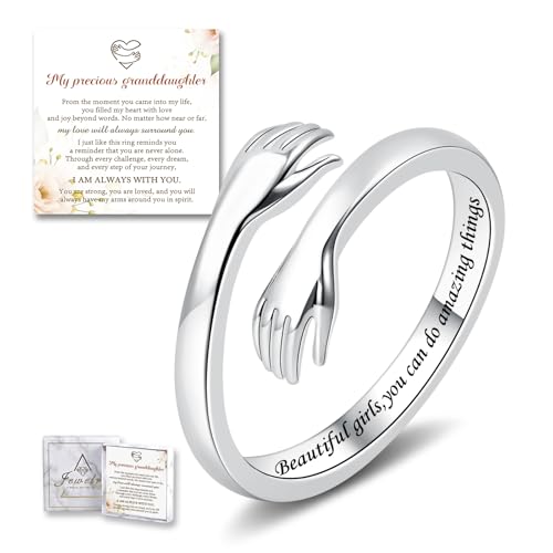 Sterling Silver Hug Ring for Women Teen Girls Adjustable Love Promise Ring Inspirational Open Rings Mothers Day Birthday Gift for Daughter Granddaughter Mom Wife Best Friend - color: Silver / Granddaughter Gift(Beautiful g***s,you can do amazing things)