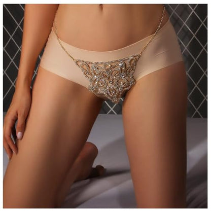 Women Sexy Rhinestone Waist Body Chain Bikini Thong Panties Crystal Body Chain Jewelry (Gold) - color: Flower Pattern