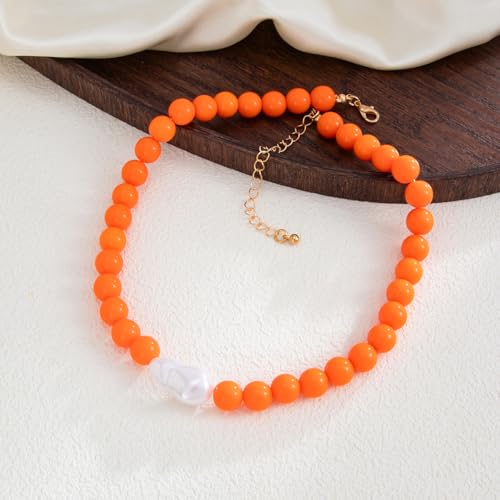 Colorful Faux Baroque Pearl Resin Beaded Choker Necklace Summer Tropical Jewelry for Women - color: Orange