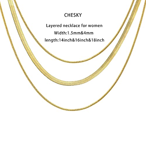 CHESKY 14K Gold/Silver Plated Snake Chain Necklace Herringbone Necklace | Gold Necklace for Women,layered Herringbone Necklace,1.5/3/5MM(W) 14"/16"(L) ,Mothers Day Gifts for Mom,Jewelry - color: gold, style: triple herringbone