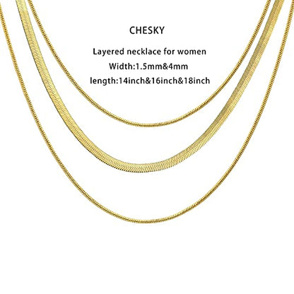 CHESKY 14K Gold/Silver Plated Snake Chain Necklace Herringbone Necklace | Gold Necklace for Women,layered Herringbone Necklace,1.5/3/5MM(W) 14"/16"(L) ,Mothers Day Gifts for Mom,Jewelry - color: gold, style: triple herringbone
