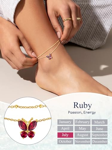 Suplight Gold Plated Butterfly Anklets for Women Waterproof, Layered Boho Ankle Bracelet with Birthstone, Stainless Steel Adjustable Non-Tarnish Heart Foot Jewelry Beach Vacation - color: 07. Butterfly-July. Ruby