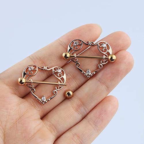14G Heart Nipple Rings for Women Surgical Steel CZ Nipple Piercings Nipple Barbells Nipple Bars Gold Silver Rose Gold - color: Rose Gold