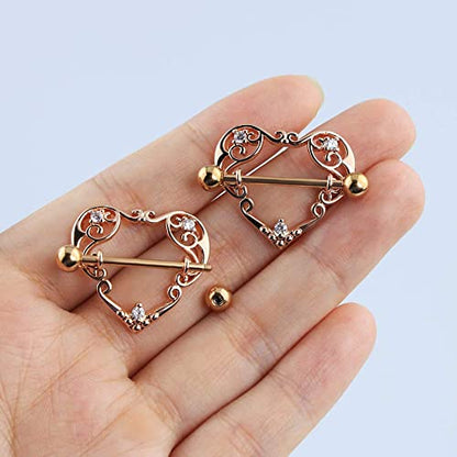 14G Heart Nipple Rings for Women Surgical Steel CZ Nipple Piercings Nipple Barbells Nipple Bars Gold Silver Rose Gold - color: Rose Gold