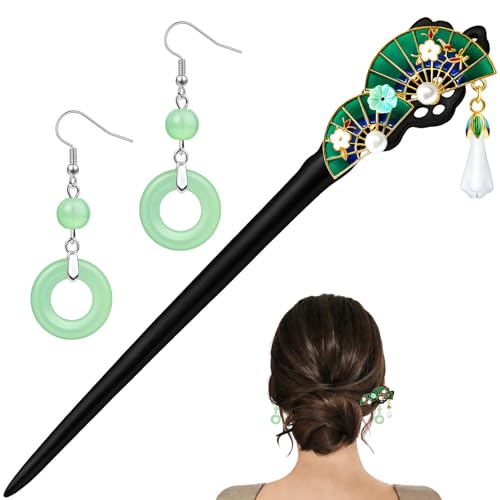 Women Girl's Fan Hair Stick with Earrings, Ebony Wood Handmade Hair Accessories, Carved Retro Hairpins Green Decor - color: Fan