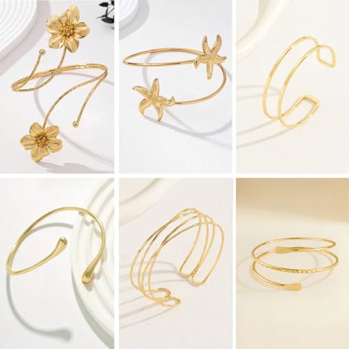 ItsStarred Minimalist Arm Cuff Gold Plated, Upper Arm Cuff Bangle Bracelet for Women, Adjustable Arm band Set 6 Pieces - color: A3: Gold Plated Starfish