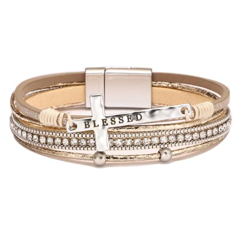 Religious Cross Engraved Blessed Leather Wrap Match Strand Bracelet for Women Multi-Layer Boho Beaded Cuff Bangle Bracelet Christian Jewelry - color: Khaki