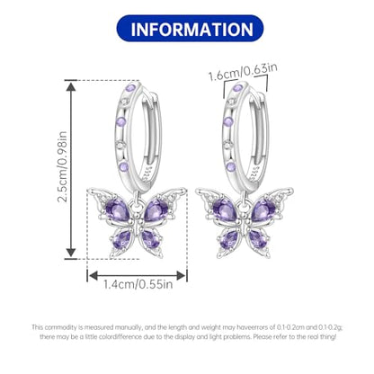 925 Sterling Silver Hoop Earrings Drop Dangle Earrings for Women Hypoallergenic Earring Trendy Huggie Earring Cute Graduation Birthday Gifts Jewelry for Women - color: Butterfly earrings purple gemstones