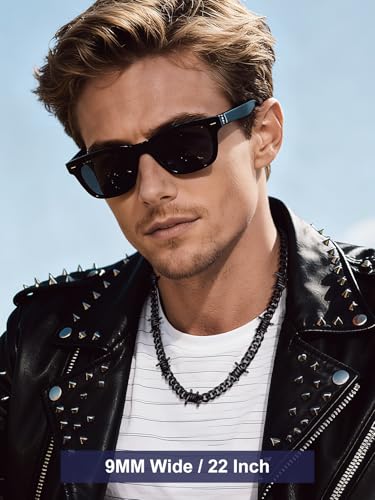 Bandmax Stainless Steel Barbed Wire Cuban Chain Necklace for Men & Women | Edgy Fierce Design, Waterproof & Tarnish Resistant, Silver/Black Tone, 5/7/9/12MM, 16-22 Inches, Street Punk Style Jewelry - color: A2 9MM-Black, size: 22 Inch (Draped long style)