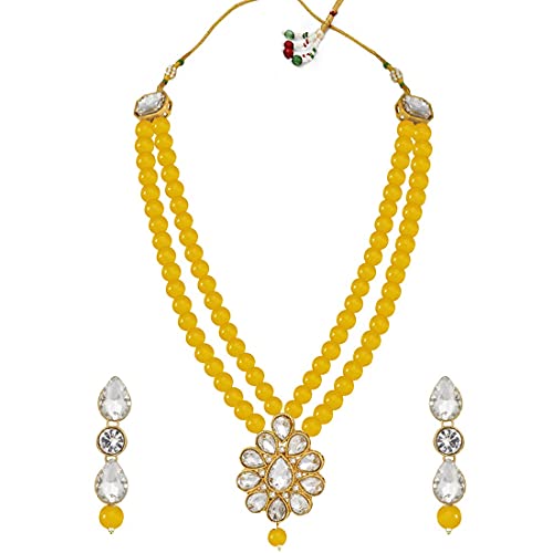 Aheli Wedding Faux Kundan Pendant Beaded Necklace Earrings Set Bollywood Indian Bharatanatyam jewellery set Gift for Women - color: Yellow