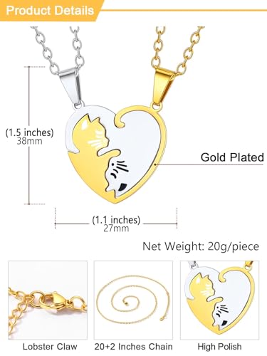 U7 Cat Pendant Necklace for Women Stainless Steel Cute Kitty Cat Jewelry Gift - style: 03-Heart Cat Set-Steel+Gold