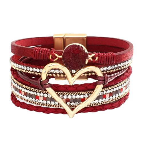 Heart Leather Bracelets for Women Chunky Warp Bracelet Western Boho Vintage Jewelry Country Concert Outfits - color: A9：wind red leather warp bracelet