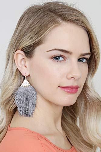 Bohemian Silky Thread Fan Fringe Tassel Statement Earrings - Lightweight Strand Feather Shape Dangles - color: Feather Fringe - Dark Gray