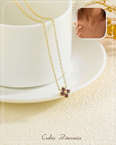 ZHESHY Birthstone Gold Necklaces for Women Dainty 14K Gold Plated Necklace | Simple Non Tarnish Diamond Cubic Zirconia Pendant Necklaces Women Gold Trendy Jewelry Bridesmaid Birthday Gifts - color: Red January