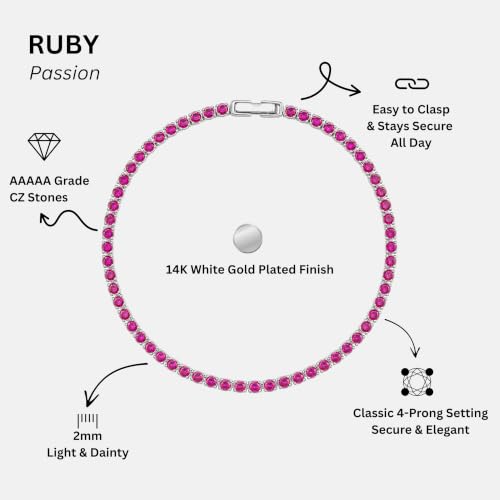 Tennis Bracelets for Women 2mm Dainty 14K Gold Plated CZ | 5A cubic zirconia, 4 prong sparkle, birthstone colors, 6.5-7.5 inches, fold over clasp, tarnish resistant, waterproof - color: Ruby Red
