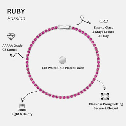 Tennis Bracelets for Women 2mm Dainty 14K Gold Plated CZ | 5A cubic zirconia, 4 prong sparkle, birthstone colors, 6.5-7.5 inches, fold over clasp, tarnish resistant, waterproof - color: Ruby Red