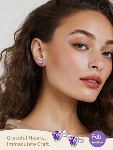 FindChic 2 Carat Birthstone Stud Earrings for Women, Round/Heart/Princess Cut Stud Earrings, Hypoallergenic Studs with 925 Sterling Silver Posts, 12 Months Birthday Jewelry Gift - color: 02. February-Amethyst(Heart Cut)