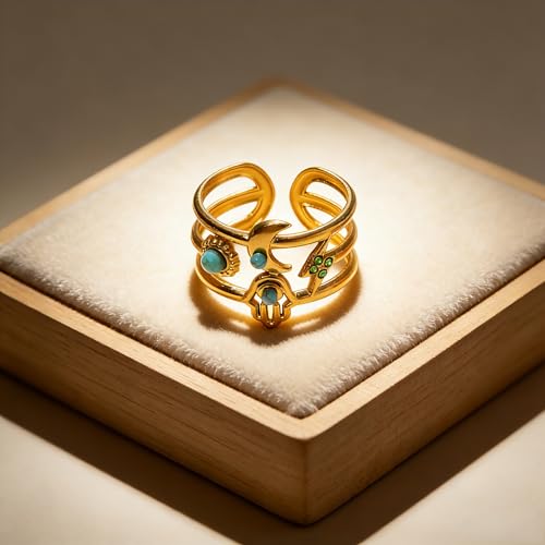Todenb Turquoise Ring for Women，Gold Western Turquoise Open Ring Boho Stainless Steel Moon and Star Band Wrap Knuckle Rings Western Country Fashion Jewelry Accessories - color: big moon