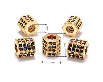 AD Beads Zircon Pave Rhinestones Big Hole Hexagon Spacer Beads 7x8mm 5Pcs Black on Gold - color: 5 Pcs Black on Gold Hexagon (7x8mm)