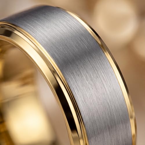 Tungsten Wedding Band Ring Black 10mm Men Women Comfort Fit 18k Rose Gold Step Edge Brushed Polished - color: Yellow Gold Grey Tungsten