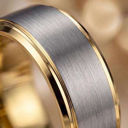 Tungsten Wedding Band Ring Black 10mm Men Women Comfort Fit 18k Rose Gold Step Edge Brushed Polished - color: Yellow Gold Grey Tungsten