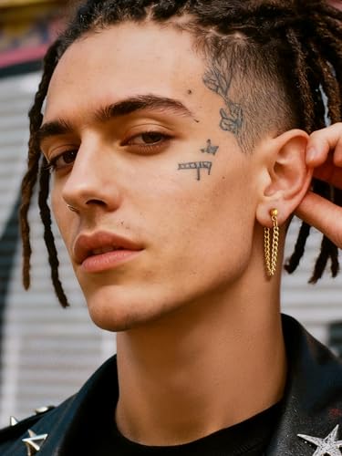 PROSTEEL Stainless Steel Huggie Hoop Earrings for Mens Gold/Black/Silver | Skull/Infinity Pattern, Spike/Cuban Links 4 Design Options Hypoallergenic Lightweight Earring Hip Hop Punk Gothic Jewelry - style: 07-Cuban Chain-Gold