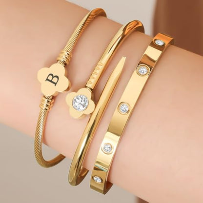 14K Gold Plated Personalized Flower Bracelet Set with Initial Charm Trendy Stackable Jewelry for Women - style: style1 B