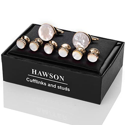 HAWSON Cufflinks and Tuxedo Studs Set for Men with Gift Box, Mother-of-Pearl Cuff links for French Cuff Shirt and Dress Shirt, Suitable for Wedding, Birthday, Party - style: Rose Gold & Beige