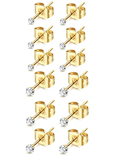 6Pairs 2mm/3mm Surgical Steel Hypoallergenic Piercing Studs, 20G 14K Real Gold Filled Tiny Stud Earrings Set for Multiple Hole Piercing (Cubic Zirconia, Pearl, Ball) - style: I : 2MM + 3MM, Cubic Zirconia, 6 Pairs