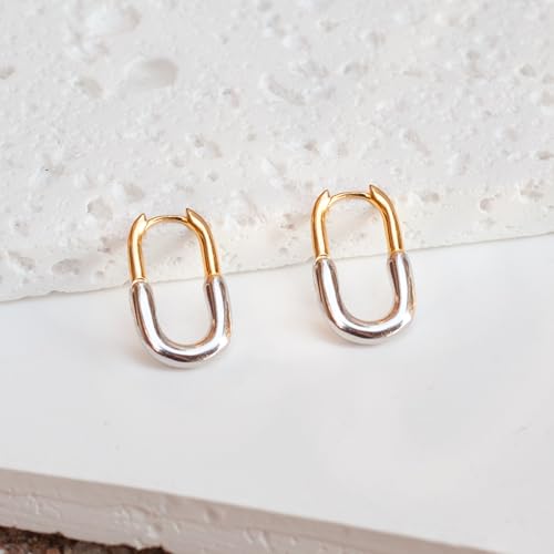 925 Sterling Silver Two-tone mixed metal color earrings oval hoop huggie dangle gold silver