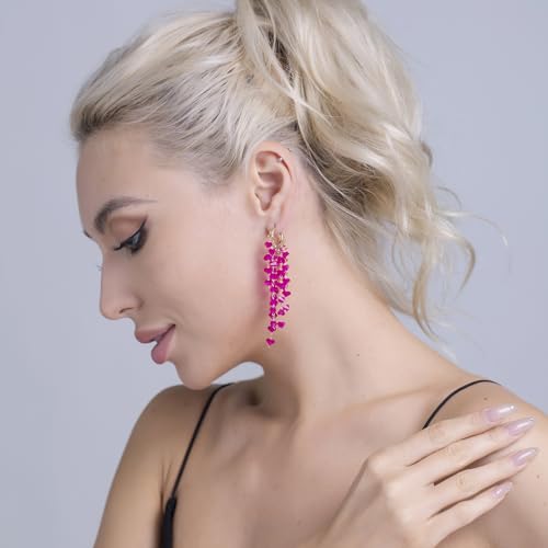 Fringe Hoop Dangle Earrings, Long Beads Tassel Chain Earrings for Women Sparkly Chandelier Earrings - color: Hot Pink
