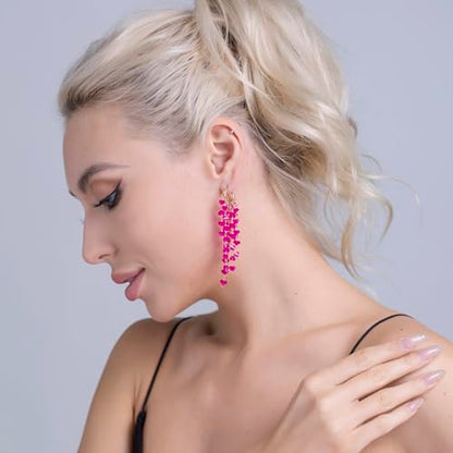 Fringe Hoop Dangle Earrings, Long Beads Tassel Chain Earrings for Women Sparkly Chandelier Earrings - color: Hot Pink