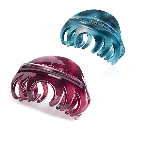 Rosette 2Pcs/set Large Chic Styling Hair Claw Clips Strong Holding Power Clamps Indoor Outdoor Hair Grips for Women Girls Thick Hair (wine red+blue) - color: wine red+blue