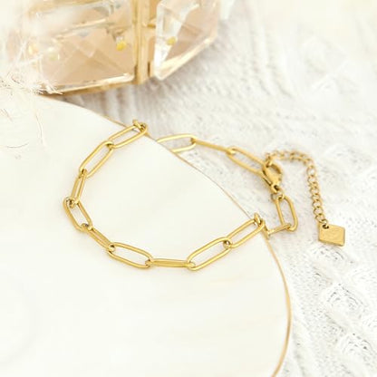 Made by Nami Gold Paperclip Chain Bracelet for Women Stainless Steel Adjustable Link Chain Jewelry Dainty Layering Bracelet for Everyday Wear and Gifts
