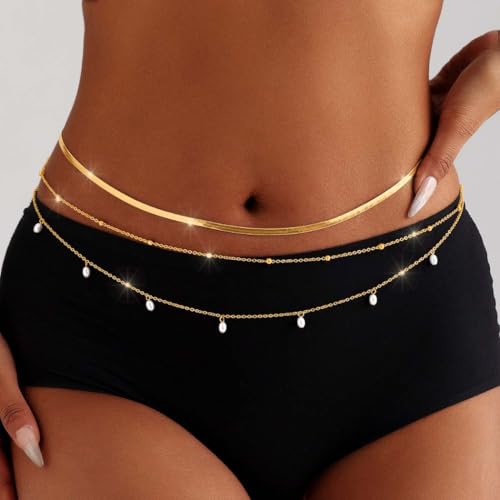Tgirls Gold Waist Chain for Women Rhinestone Layered Belly Chains Beads Body Chain Heart-Shaped Beach Body Jewelry for Summer - style: 3 Layers