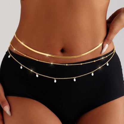 Tgirls Gold Waist Chain for Women Rhinestone Layered Belly Chains Beads Body Chain Heart-Shaped Beach Body Jewelry for Summer - style: 3 Layers