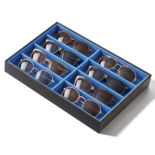 Stratalife 8 Grids Drawer Sunglasses Organizer Tray, Blue PU Velvet | Stackable Eyeglasses Storage Case with Removable Dividers, Jewelry Display Case for Necklace Bracelet, 13.78x9.5x1.2inch - color: Blue