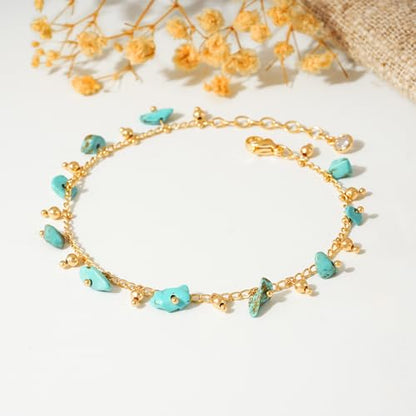 Gold Chain Bracelet for Women, 14K Gold Plated | Dainty Bracelets with Adjustable Chain, Trendy Jewelry Gift for Women - style: beads turquoise