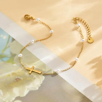 Ankle Bracelets for Women, 18K Gold Plated Dainty Waterproof Cross Anklets, Pearl Beaded Link Chain Anklet for Women Non Tarnish, Summer Beach Foot Jewelry, Christmas Gifts - color: Pearl Cross-Gold