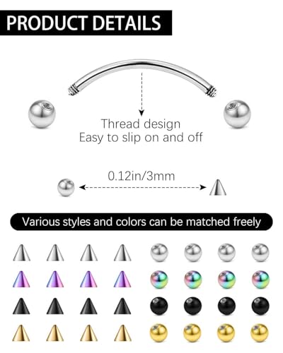 JELIEE 64pcs Eyebrow Piercing Jewelry Surgical Steel Rook Piercing Jewelry Curved Barbell Tiny Eyebrow Ring Vertical Labret Lip Jewelry Ear Rook Helix Conch Daith For Women Men 16g 6mm/8mm/10mm/12mm