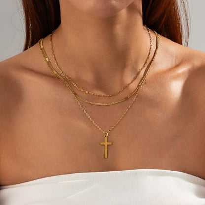 Cross Necklace for Women Dainty Layered Stainless Steel Silver Chain Necklace Stack Trendy Charm Pendant Necklaces Jewelry Set - color: Gold