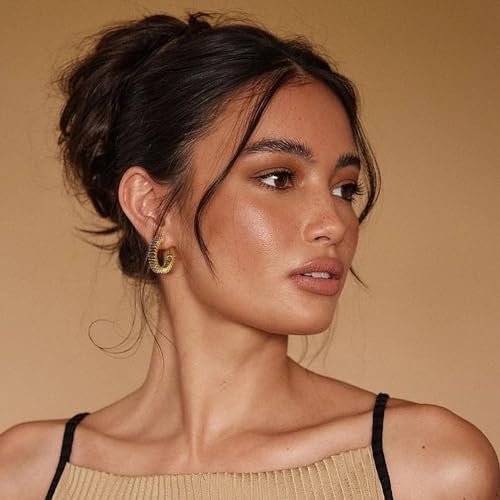 Trendy 14K Gold Plated Hoop Earrings for Women, Chunky Gold/Silver Earrings for Women Cubic Zirconia Baguette Hoop Earrings Heart Hoops Lightweight Hypoallergenic Jewelry,25mm/35mm/40mm/50mm - color: 01 Gold Mystic Rainbow Hoops 25mm