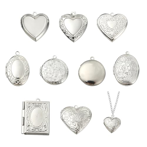 5-6Pcs Heart Locket Charms for Jewelry Making Stainless Steel Photo Charms for Necklaces Bracelets Earring Keychains DIY Supplies - color: Mixed Silver