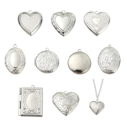5-6Pcs Heart Locket Charms for Jewelry Making Stainless Steel Photo Charms for Necklaces Bracelets Earring Keychains DIY Supplies - color: Mixed Silver