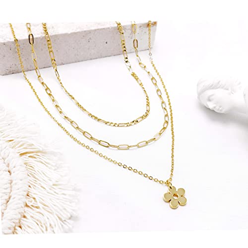 Aisansty Dainty Layered Choker Necklaces Handmade Coin Tube Star Pearl Pendant Multilayer Adjustable Layering Chain Gold Plated Necklaces Set for Women - color: Gold, style: Gold-Flower