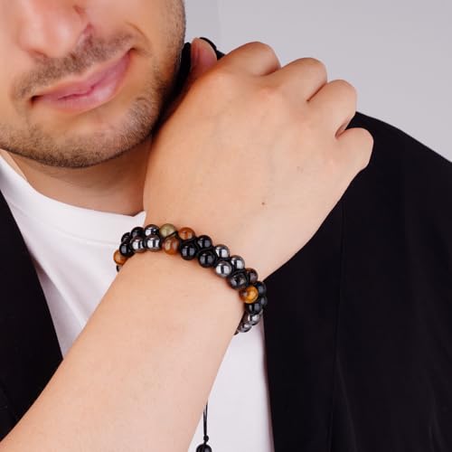 Triple Protection Bracelet,Bracelets for Men Women, Natural Tiger Eye Jewelry Stone Hematite and Blue Stone Hematite 8mm Crystal Bracelet - Adjustable Size with Premium Gift-Box - color: Brown-Black-Silver Gray