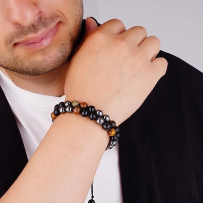 Triple Protection Bracelet,Bracelets for Men Women, Natural Tiger Eye Jewelry Stone Hematite and Blue Stone Hematite 8mm Crystal Bracelet - Adjustable Size with Premium Gift-Box - color: Brown-Black-Silver Gray